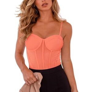 REORIA Mesh Bustier Corset Bodysuit - Bright Orange
